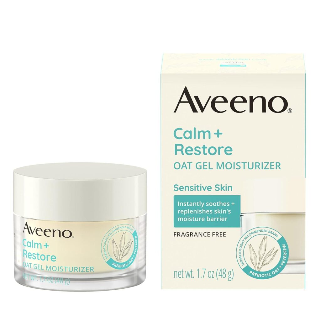 Aveeno Calm + Restore Oat Gel Facial Moisturizer for Sensitive Skin, Lightweight Gel Cream Face Moisturizer with Prebiotic Oat and Feverfew, Hypoallergenic, Fragrance- and Paraben-Free