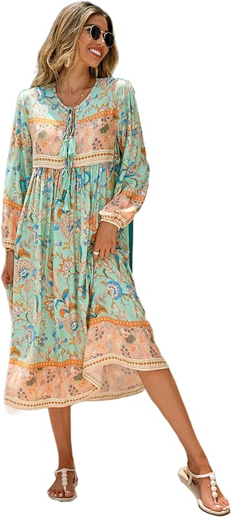 Beautiful Bohemian Midi Dresses with a Deep V-neck and Front Tie at Neckline