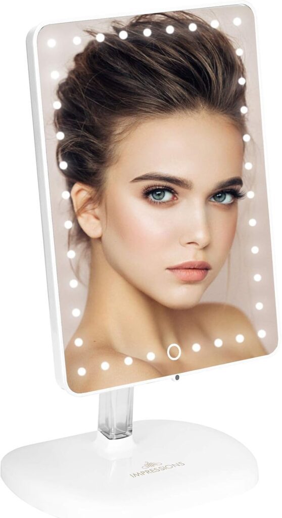 Lighted makeup mirror with adjustable LED settings for precise makeup application.