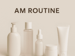 Skincare product lineup labeled AM Routine