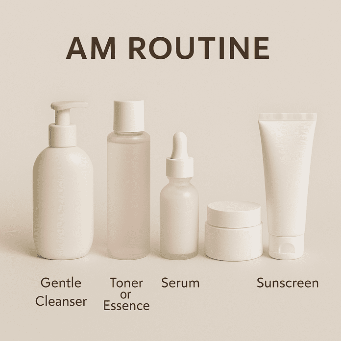 Skincare product lineup labeled AM Routine